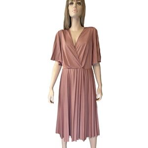 ASOS Dress Simply Be Pleated Kimono Sleeve Deep V Neck Midi Skater Rose Pink